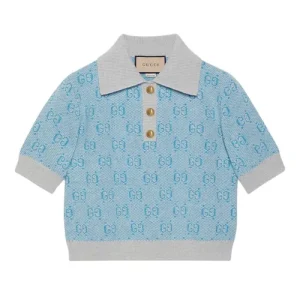 Gucci Áo Len Nữ Gucci GG Wool Jacquard Knit Top Polo In Light Blue 773631 XKDK5 4576 Màu Xanh Size XS