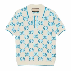 Gucci Áo Polo Nam Gucci GG Knitted Cotton Polo Shirt 741962 XKC6B 9028 Màu Trắng Xanh